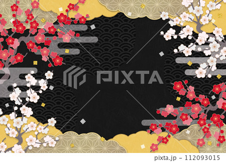 和紙質感の紅白の梅の花の背景、暗い色、背景黒 和紙質感の紅白の梅の花の背景、暗い色、背景黒 112093015