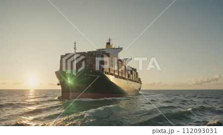 Large commercial freighter transports a wide variety of goods on oceans and sea routes around the world on long sea routes - ai generated 112093031