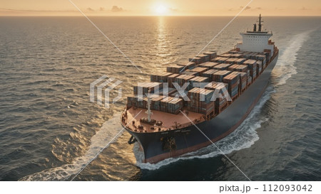 Large commercial freighter transports a wide variety of goods on oceans and sea routes around the world on long sea routes - ai generated 112093042