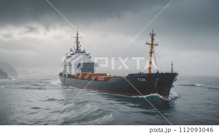 Large commercial freighter transports a wide variety of goods on oceans and sea routes around the world on long sea routes - ai generated Large commercial freighter transports a wide variety of goods on oceans and sea routes around the world on long sea routes - ai generated 112093046