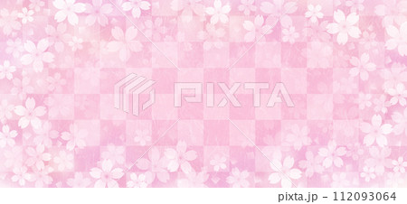 和紙質感の桜の花と市松模様の和風の背景、ピンク 112093064