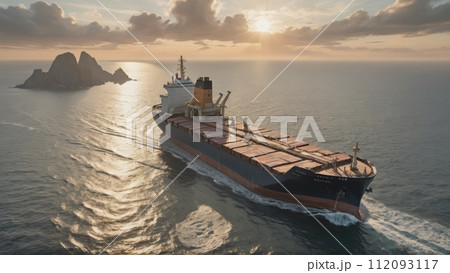 Large commercial freighter transports a wide variety of goods on oceans and sea routes around the world on long sea routes - ai generated 112093117