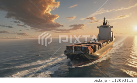Large commercial freighter transports a wide variety of goods on oceans and sea routes around the world on long sea routes - ai generated 112093118