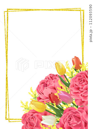 薔薇とチューリップとミモザの花束　金箔のフレーム背景　縦長 112093590