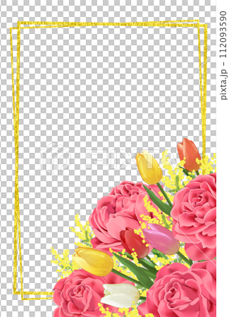 Bouquet of roses, tulips, and mimosa Gold leaf frame background Vertical Bouquet of roses, tulips, and mimosa Gold leaf frame background Vertical 112093590