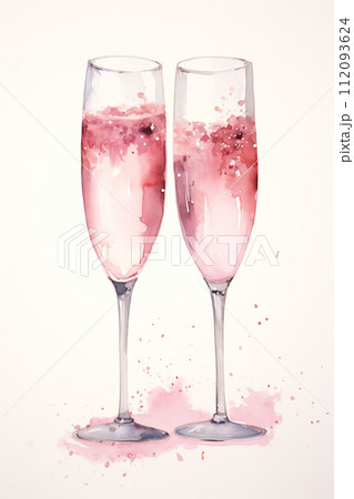 Vibrant watercolor illustration of sparkling wine glasses in artistic style 112093624