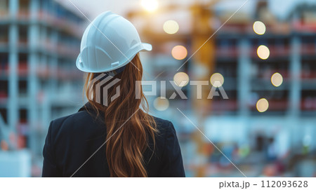 Female project manager supervising construction site with blurred background 112093628