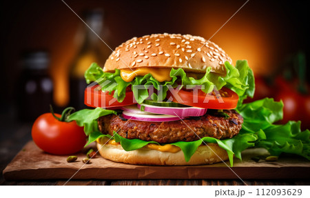 Burger on wooden table with dark bar background 112093629