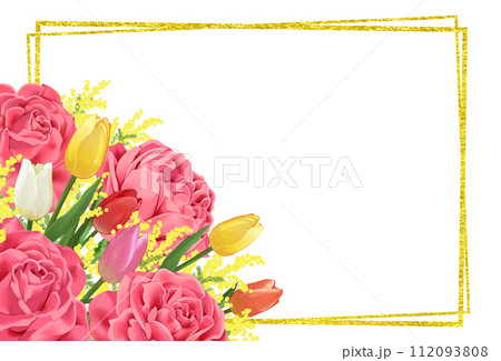 薔薇とチューリップとミモザの花束 金箔のフレーム背景 薔薇とチューリップとミモザの花束 金箔のフレーム背景 112093808