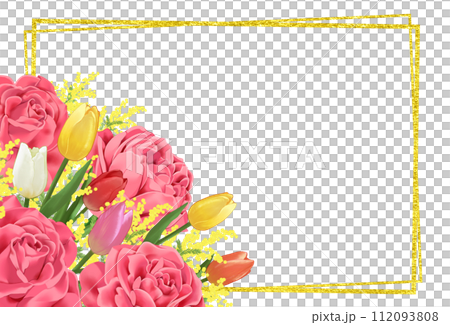 薔薇とチューリップとミモザの花束 金箔のフレーム背景 薔薇とチューリップとミモザの花束 金箔のフレーム背景 112093808