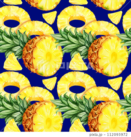 watercolor seamless pattern with pineapple, half and slices of ripe pineapple, sketch of tropical fruit, hand drawn illustration, food illustration on blue background watercolor seamless pattern with pineapple, half and slices of ripe pineapple, sketch of tropical fruit, hand drawn illustration, food illustration on blue background 112093972