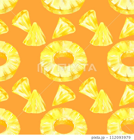 watercolor seamless pattern with pineapple, rings and slices of ripe pineapple, sketch of tropical fruit, hand drawn illustration, food illustration on vibrant orange background 112093979