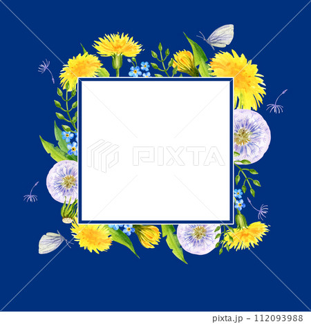 watercolor square blue frame with summer field flowers, hand draw illustration of yellow dandelions and blow balls, leaves, herbs, butterfly on blue background 112093988
