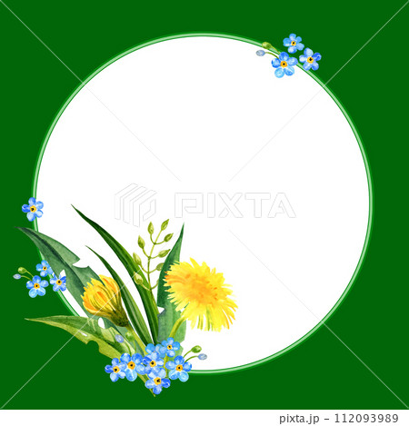 watercolor round frame with summer yellow flowers blow ball, hand draw dandelions, forget me not flowers and leaves, herbs, sketch of spring yellow flowers on green background watercolor round frame with summer yellow flowers blow ball, hand draw dandelions, forget me not flowers and leaves, herbs, sketch of spring yellow flowers on green background 112093989