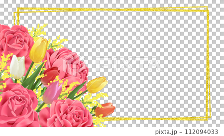 薔薇とチューリップとミモザの花束 金箔のフレーム背景 16:9のイラスト