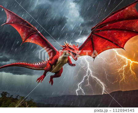 雷雨の中を翔ける赤色の鱗の龍 112094545