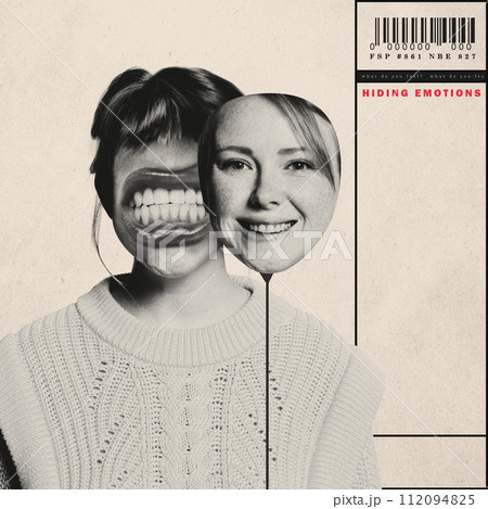 Dual personality issues. Female unhappy face with mask of smiling positive woman. Conceptual creative design. Dual personality issues. Female unhappy face with mask of smiling positive woman. Conceptual creative design. 112094825