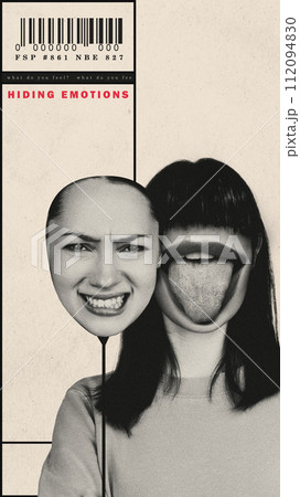 Themes of identity and the social mask. Split female face showing different emotions of fun and irritation. Conceptual creative design. 112094830