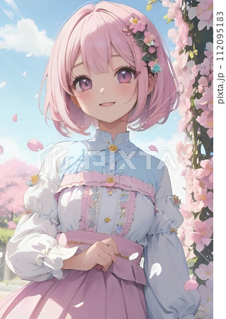 花畑を満喫するピンク髪の女の子のイラスト 112095183