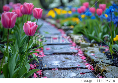 Cherry blossoms and various flowers bloom to welcome Spring. 112095710