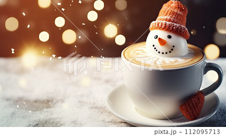 AI-generated content. Christmas cup of coffee with latte art, milk foam snowman. Cozy atmosphere. Holiday background with copy space. Christmas and New Year cappuccino coffee 112095713