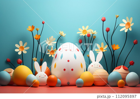 Spring banner with paper eggs, rabbits and flowers. Happy Easter banner. Easter poster and banner template with eggs and flowers on light blue background. AI generated 112095897