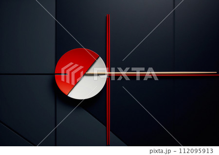 Black transparent sushi and roll set. Japanese chopsticks, plate on a black table. Kitchen table with Japanese sushi roll on round red plate with wooden chopsticks. AI generated 112095913