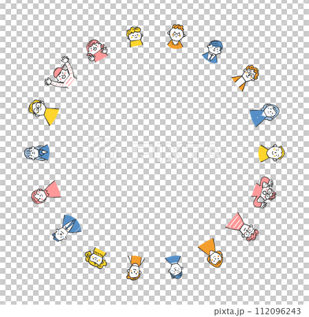 様々な人々が弧を描くように並んでいる図　イラスト素材 112096243