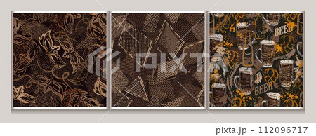 Brown camo patterns with tulle patches, beer, carnival masks. Dense composition with overlapping elements. For apparel, fabric, textile, sport goods design 112096717