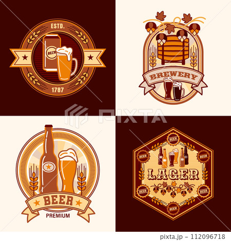 Set of beer logos in simple geometric style with barrel, beer bottles, glasses, barley spikes,. Icons, geometric shapes. Good for branding, decoration of food package, cover design, decorative prints Set of beer logos in simple geometric style with barrel, beer bottles, glasses, barley spikes,. Icons, geometric shapes. Good for branding, decoration of food package, cover design, decorative prints 112096718