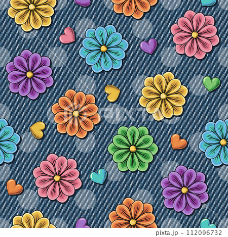 Pattern with scattered chamomile, small hearts, polka dot ornament behind. Blooming flowers on blue jeans texture. Groovy, hippie, naive style for apparel, fabric, textile, design 112096732