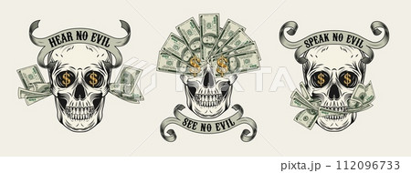Labels with skull, cash money, 100 dollar bills, dollar sign, vintage ribbon. Creative interpretation of Three wise monkeys. Text See, hear, speak no evil. Corruption concept. White background. 112096733