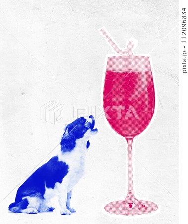 Purebred little dog looking on aperol spritz cocktail against textured light background. Contemporary art collage. 112096834