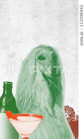 Elegant, beautiful, purebred dog with beer bottle and cocktail against textured background. Contemporary art collage. Elegant, beautiful, purebred dog with beer bottle and cocktail against textured background. Contemporary art collage. 112096842