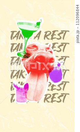 Close-up of funny dog's muzzle with multicolored monochrome cocktails against abstract background. Take rest. Contemporary art collage. Close-up of funny dog's muzzle with multicolored monochrome cocktails against abstract background. Take rest. Contemporary art collage. 112096844