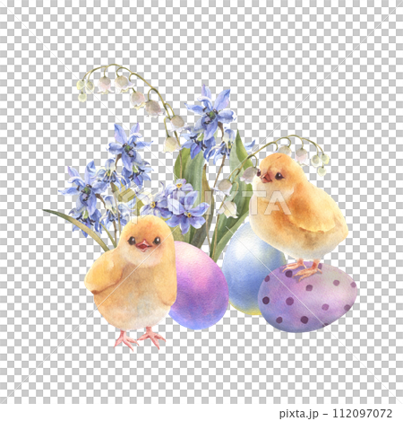 Happy Easter illustration, Chicken with colorful eggs and spring flowers, hand drawn watercolor illustration. Vintage style. Drawing on isolated white background for greeting cards or invitations 112097072