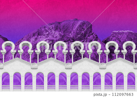 Surreal collage with elements classic architecture. Art poster, concept, zine cover. Antique cityscape Surreal collage with elements classic architecture. Art poster, concept, zine cover. Antique cityscape 112097663