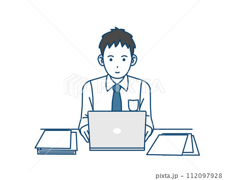 パソコン作業をして働く若い会社員の男性のイラスト 112097928