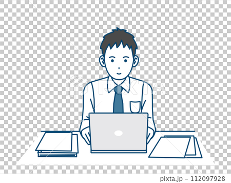 パソコン作業をして働く若い会社員の男性のイラスト 112097928