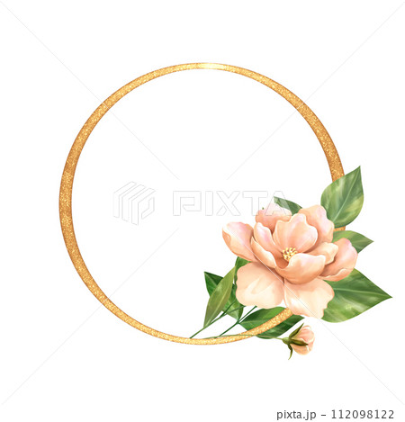 Watercolor flowers and gold round frame. 112098122