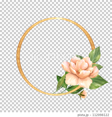 Watercolor flowers and gold round frame. 112098122