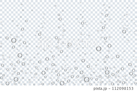 Bubbles water. Underwater sparks on transparent background. Realistic sparkling water. Fizzy air template. Oxygen bubbles effect. Aquarium or soda pop. Vector illustration 112098153