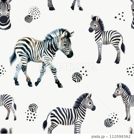 Cute watercolor zebra pattern. Vector simple seamless background for kids. 112098362