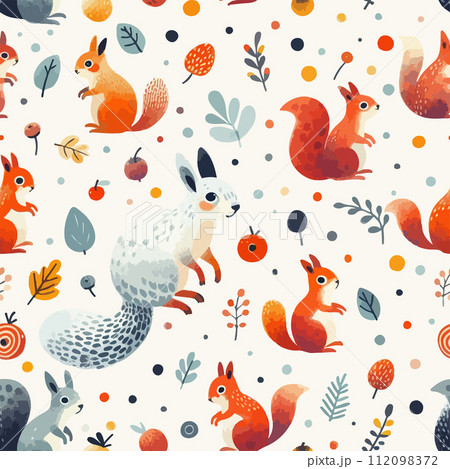 Seamless pattern with cute squirrel. Hand Drawn vector illustration 112098372