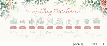 Wedding Timeline menu on wedding day with watercolor garden roses. 112098381