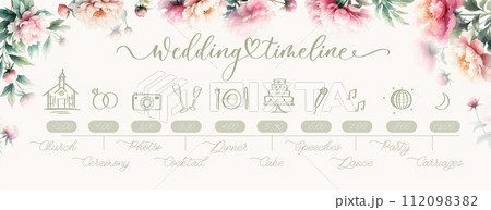 Wedding Timeline menu on wedding day with watercolor peonies. Abstract floral art background vector design for wedding and vip cover template. Wedding Timeline menu on wedding day with watercolor peonies. Abstract floral art background vector design for wedding and vip cover template. 112098382