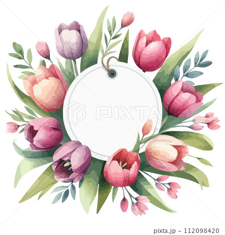 Round label with watercolor Spring tulips for woman day, easter, 8 march 112098420
