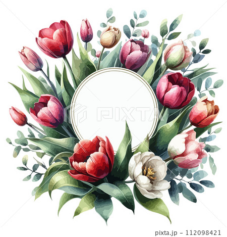 Round label with watercolor Spring tulips for woman day, easter, 8 march 112098421