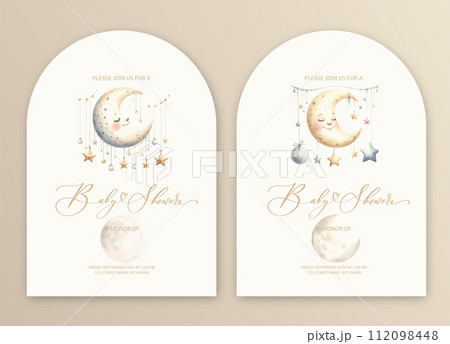 Cute baby shower watercolor invitation card for baby and kids new born celebration with moon and stars. Cute baby shower watercolor invitation card for baby and kids new born celebration with moon and stars. 112098448