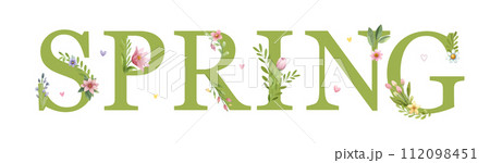 Inscription Spring with watercolor spring flowers and leaves. 112098451